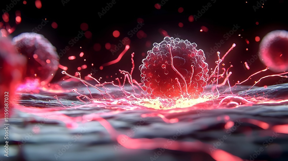 Poster abstract depiction of cancer cells in dynamic fragmentation, illustrating the chaotic and invasive n
