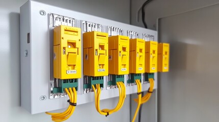 Residual current circuit breakers and voltage monitoring relays installed in an electrical control panel with connected wires