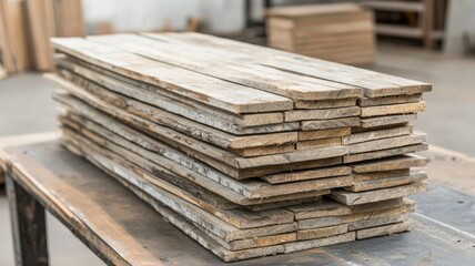 Fototapeta premium Wood stacks in an industrial workshop a collection of crafting project inspiration