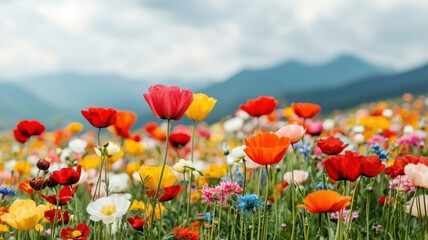 Naklejka premium Colorful flower field blooming in nature scenic landscape daylight viewpoint vibrant beauty