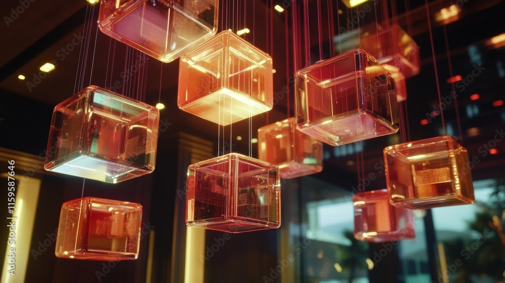 Poster floating cubes adorned with abstract text and symbols create a captivating modern art display in a v