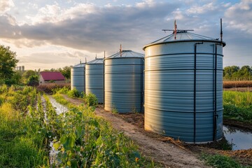 Obraz premium Rainwater collection tanks on a farm with a tranquil landscape at sunset
