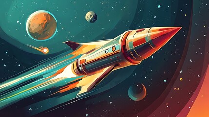 A colorful rocket speeds through space, surrounded by planets and stars.