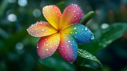 Fototapeta premium Rare exotic flower with a vibrant gradient of colors, reflecting light through water droplets, a serene garden generative ai