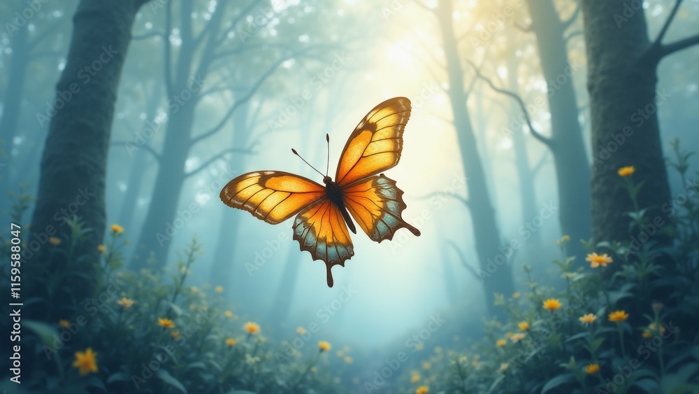 Poster the image is a beautiful landscape of a forest with tall trees and yellow flowers. the trees are cov