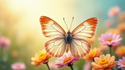 The image is a close-up of a butterfly resting on a pink and orange flower. The butterfly has a white body with orange stripes on its wings and antennae.