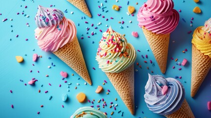 Colorful ice cream cones with sprinkles on blue background