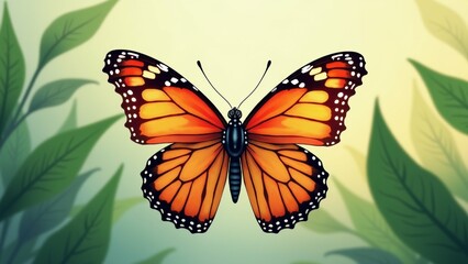 Obraz premium The image is a digital illustration of a butterfly. The butterfly is in the center of the image, with its wings spread out. The wings are orange with black spots, and the body is black.