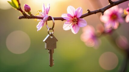 A house-shaped key hangs from a flowering branch of pink blossoms against a soft, sunlit background. Concept of new home purchase during spring.