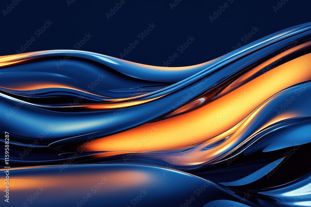 Poster Dynamic abstract glossy waves reflecting vibrant colors in a fluid motion across a dark backdrop. Generative AI