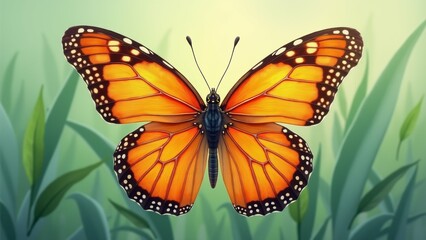 The image is a digital illustration of a butterfly resting on a green leafy background. The butterfly has a large body with orange and black stripes on its wings, and its antennae are visible.