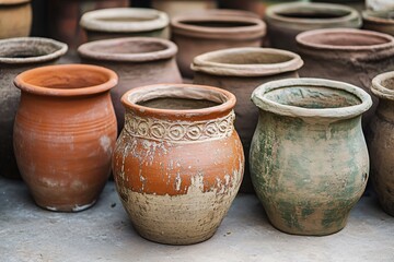 Display of various handmade clay pots, showcasing earthy textures and colors, highlighting traditional craftsmanship