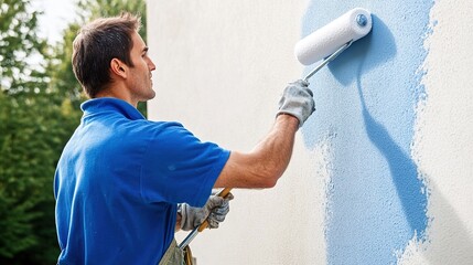 A person is painting a wall blue using a roller, showcasing home improvement and DIY skills in a bright, outdoor setting.