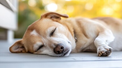 A peaceful dog sleeping on a wooden surface with a soft, warm background, evoking a sense of calm and tranquility.