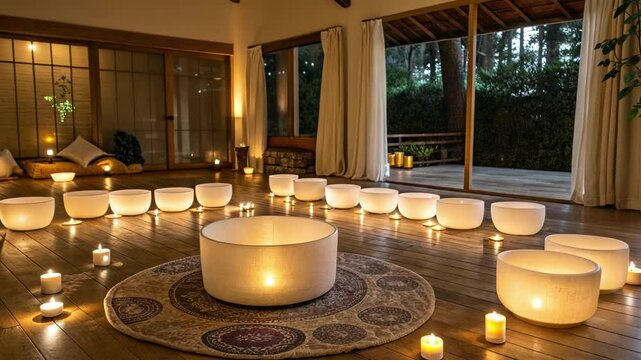 White singing bowls arranged in a circle on a patterned rug in a dimly lit room with candles, creating a peaceful atmosphere for meditation or sound healing