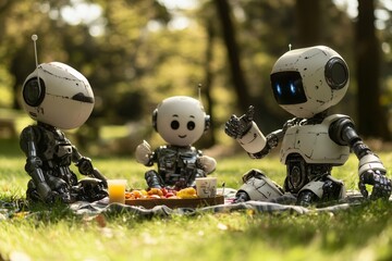 Three robots are having a picnic in a park, enjoying fruits and juice on a blanket in the grass