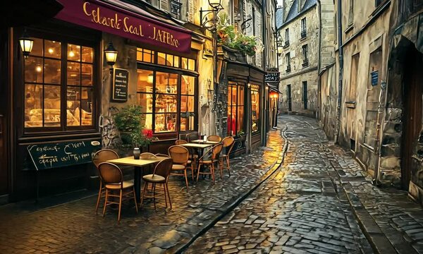 Parisian Bistro on a Rainy Cobblestone Street at Dusk