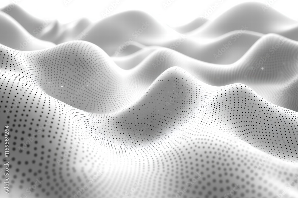 Poster minimalist design with white background and dot patterns creating a dynamic wave effect