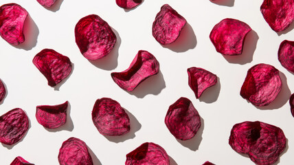 Scattered beetroot chips on a white surface capturing a playful and modern snack idea.