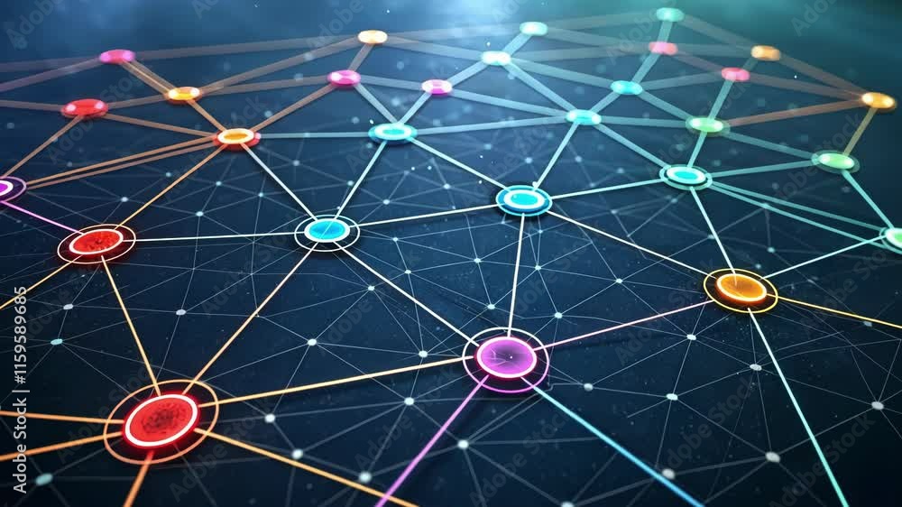 Poster vibrant, interconnected network visualizing digital communication growth through dynamic, colorful n