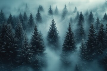 Enveloping winter mists create a mystical atmosphere in a dense forest