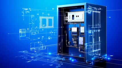 Stylized blueprintstyle vector illustration of an electrical cabinet