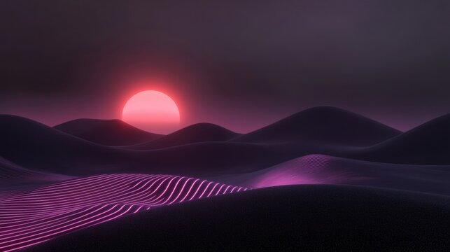 A sunset over a desert landscape with a pink sun
