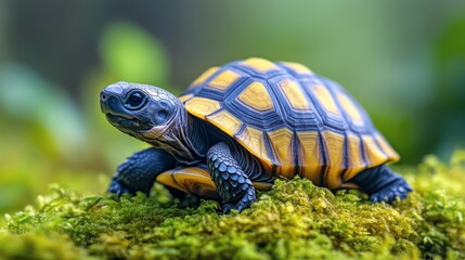 Obraz premium Beautiful tortoise resting on mossy ground in a lush green environment during daytime hours