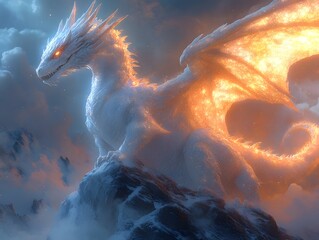 Colossal Mythical Dragon Perched Atop Ancient Mountain Peak Radiating Otherworldly Glow and Primordial Power