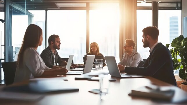 Business professionals in a modern conference room with laptops and digital projectors. Featuring a high-tech setup
