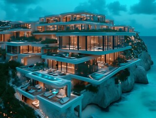 Fototapeta premium Modern cliffside mansion with ocean views at night
