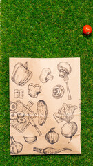 a paper bag lies on the green grass with fruits and vegetables around, moss, mock up