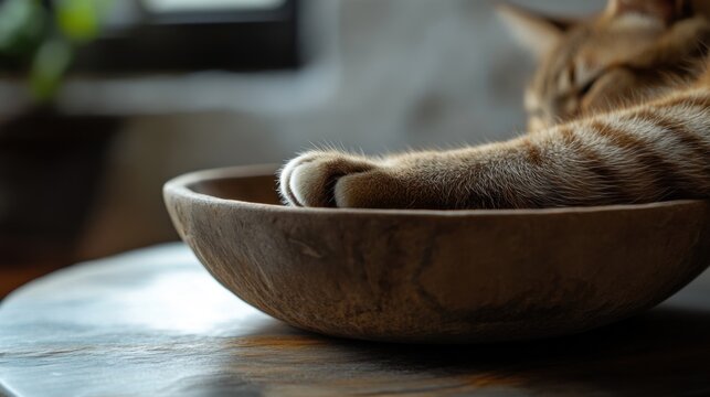 Tabby Cats Paw in Wooden Bowl, Cozy Home Scene