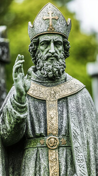 Statue of St. Patrick holding staff in a green garden
