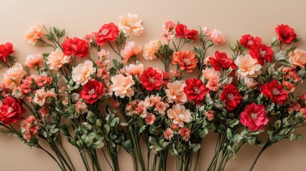 Red and peach flowers on taupe background with natural light