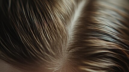 Closeup view of human scalp, hair texture, strands, follicles, roots, growth, color, shine, and part
