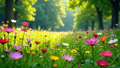 Fototapeta premium Blooming wildflowers in a lush meadow amidst tall trees, summer, greenery