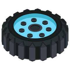 Isometric Vehicle Tire with Sky Blue Rim