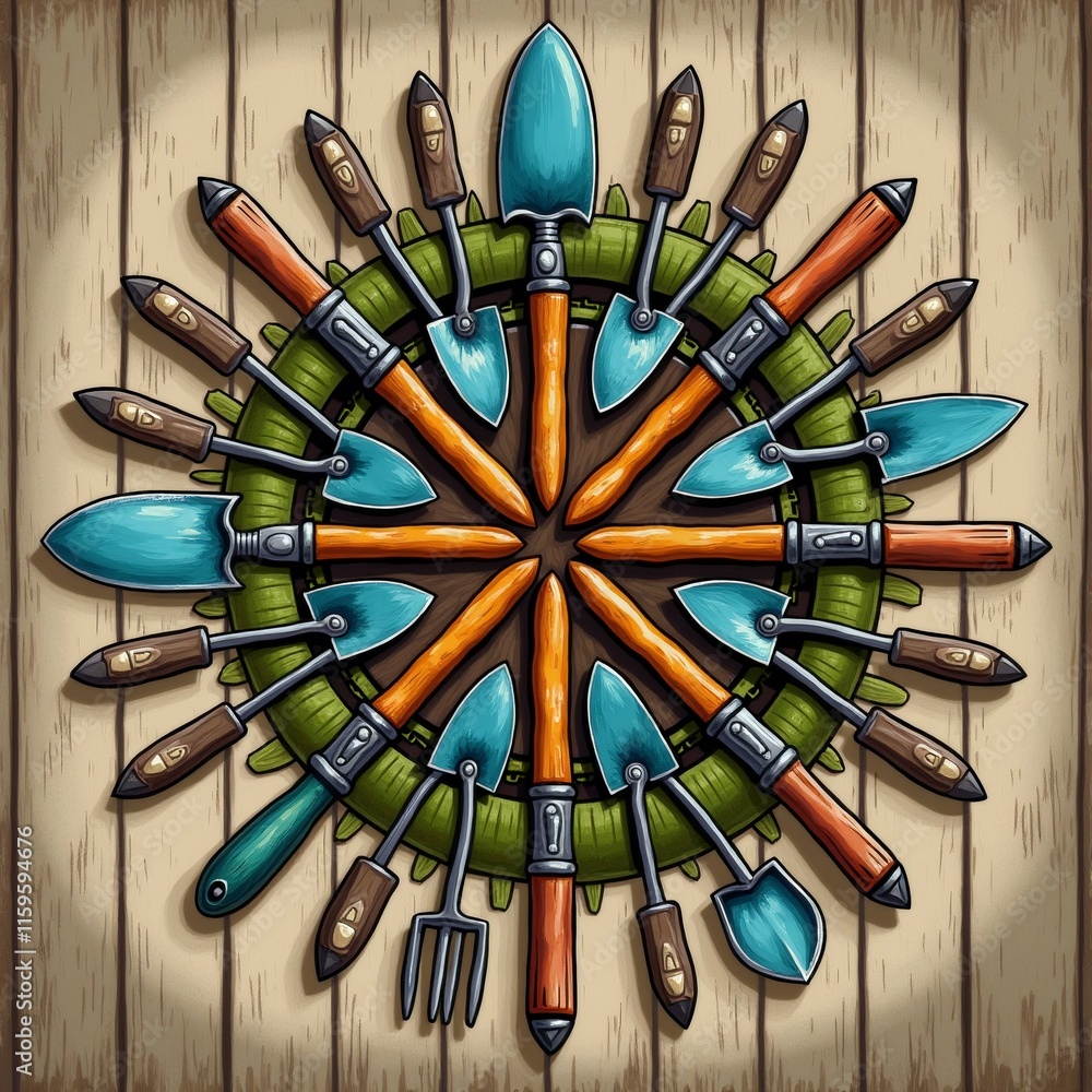 Poster the image is a circular design made up of various gardening tools arranged in a circular pattern on 