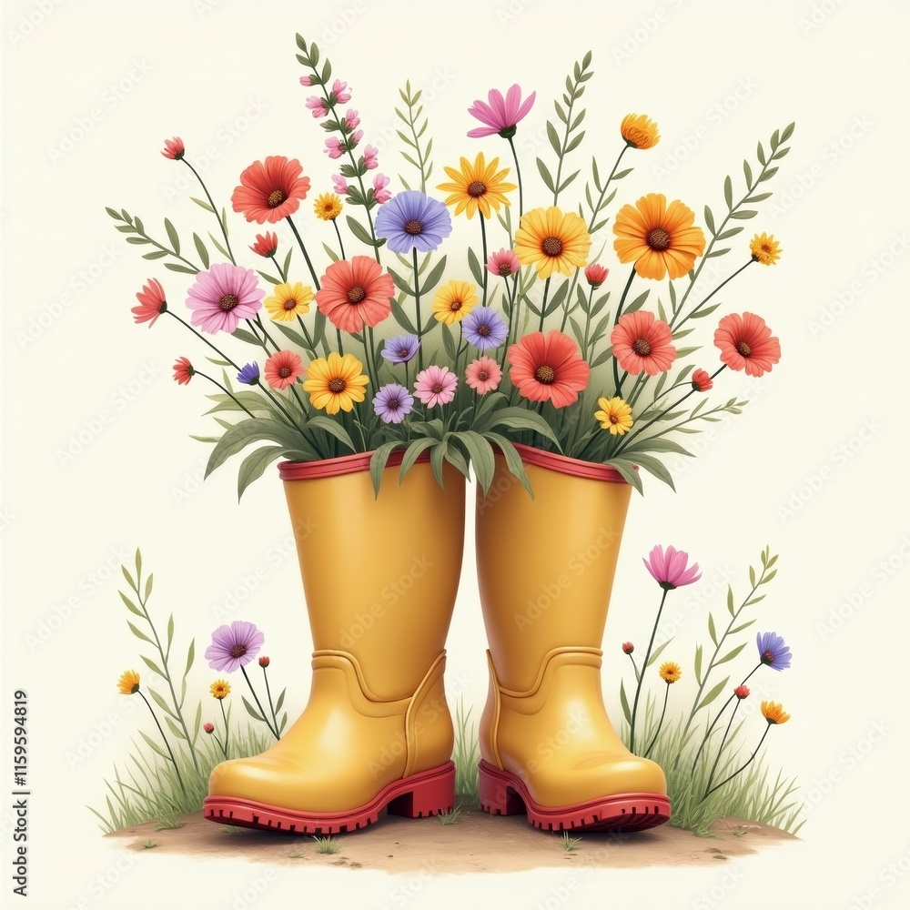 Poster the image shows a pair of yellow rain boots with red soles standing on a patch of green grass. the b