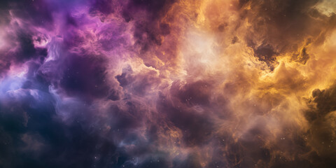 Obraz premium A dark nebula cloud with purple, yellow, and orange colors in the background.