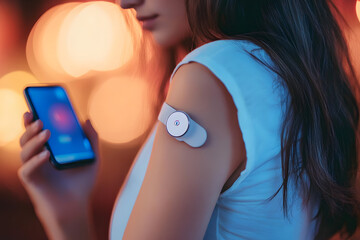Naklejka premium Woman Using Smartphone with Glucose Monitor on Arm
