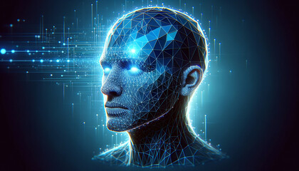 Futuristic Human ai Head with Digital Network Integration, Low poly Design cocept