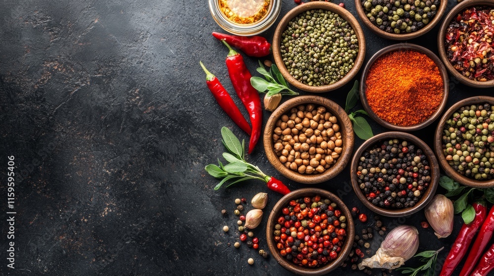 Poster Assorted spices and chilies on dark textured background