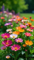 Fototapeta premium Vibrant flowerbed with multicolored blooms and lush green grass, garden, plant
