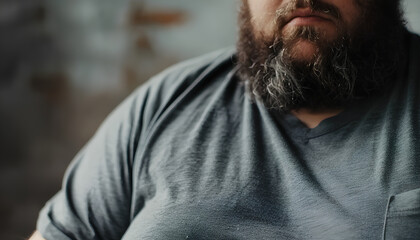 Obraz premium Overweight man with large belly in tight shirt, closeup