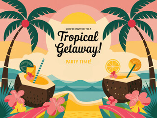 Obraz premium Tropical getaway invitation with vibrant drinks and palm trees