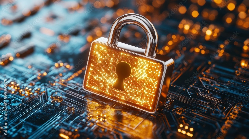 Poster secure lock on circuit board with vibrant lighting