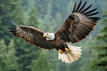 Obraz premium Majestic bald eagle soaring above its nest in a forested area during early morning light