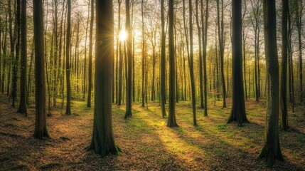 Golden Hour Forest: Sunbeams pierce the tranquil woodland, illuminating a path through tall trees. Serene nature photography showcasing the beauty of a forest at sunset. 